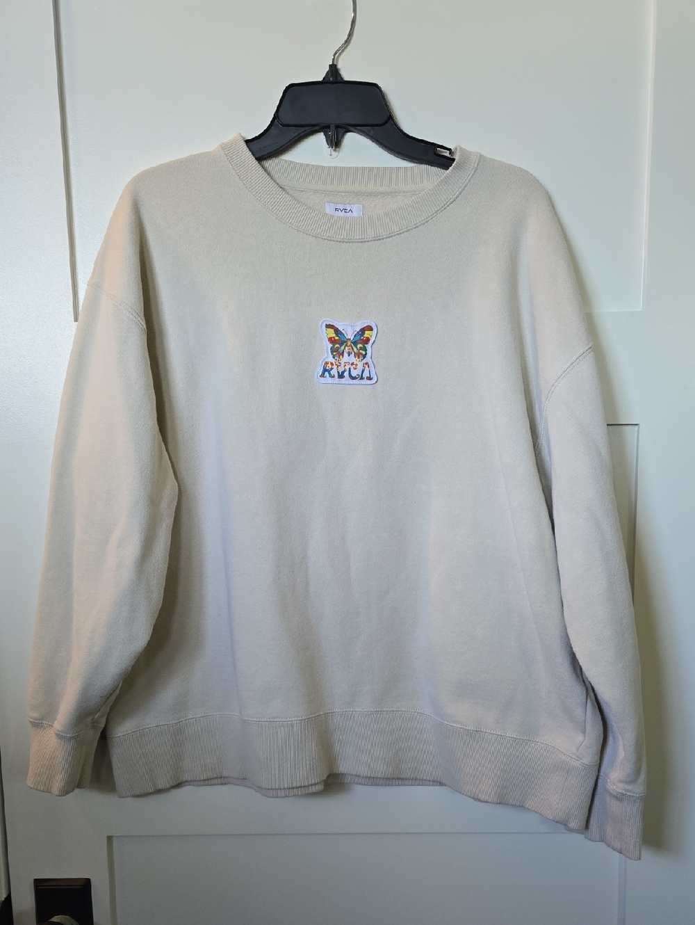 RVCA Cream Crewneck Sweatshirt with Colorful Butterfly Patch Large